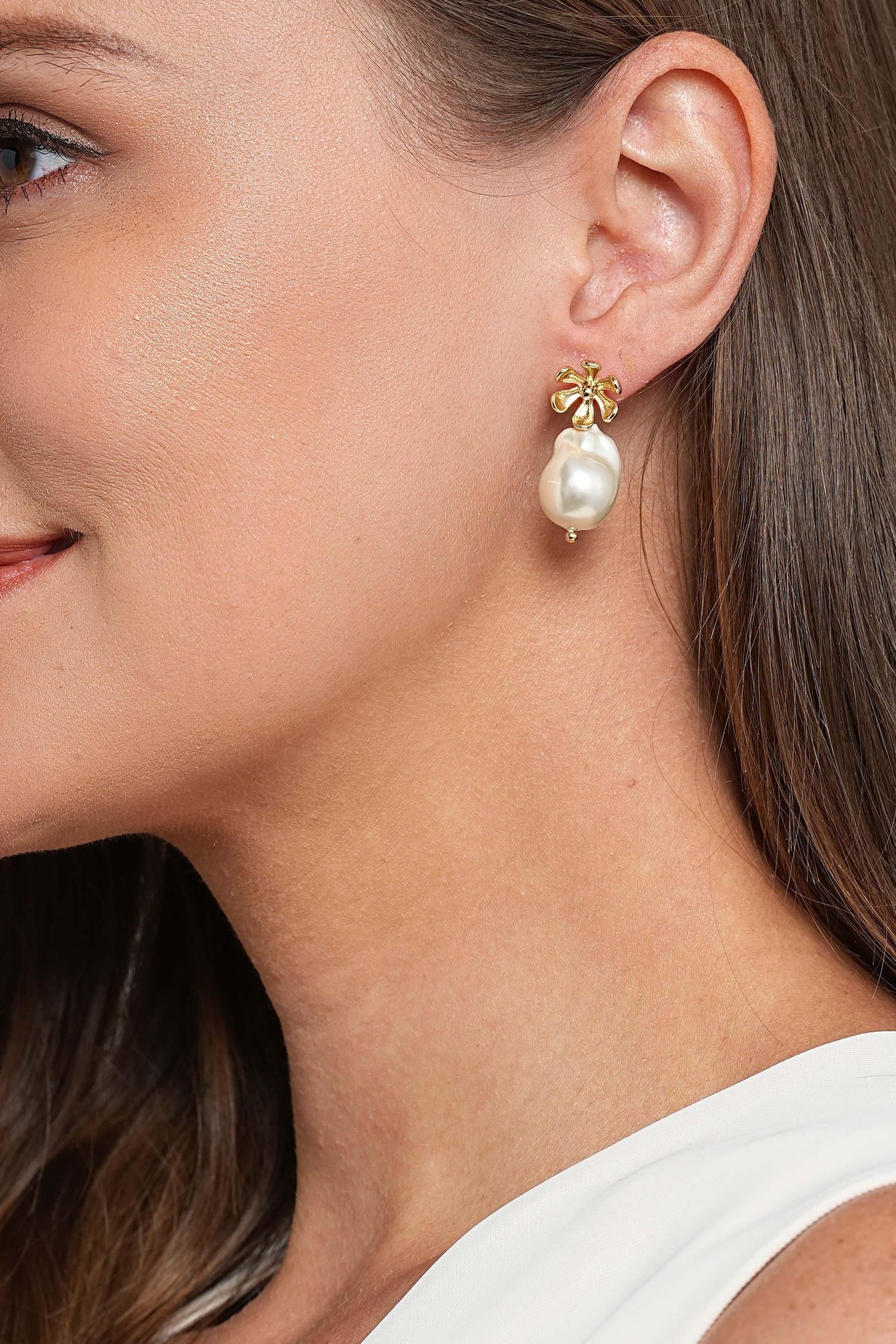 Floral 18K Gold Baroque Pearl Drop Earrings - Artsory