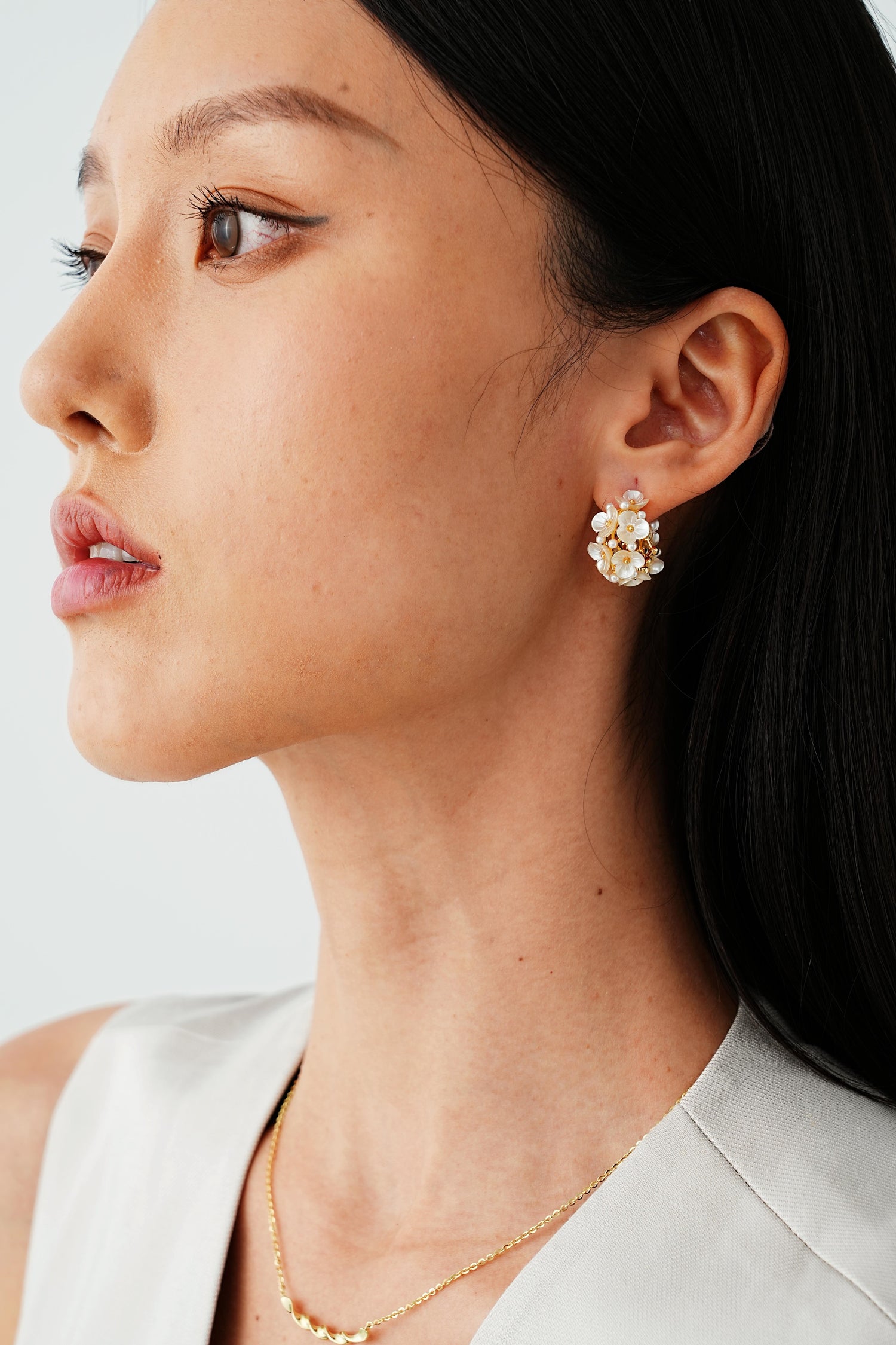 Celine Floral Pearl C Hoop Earrings