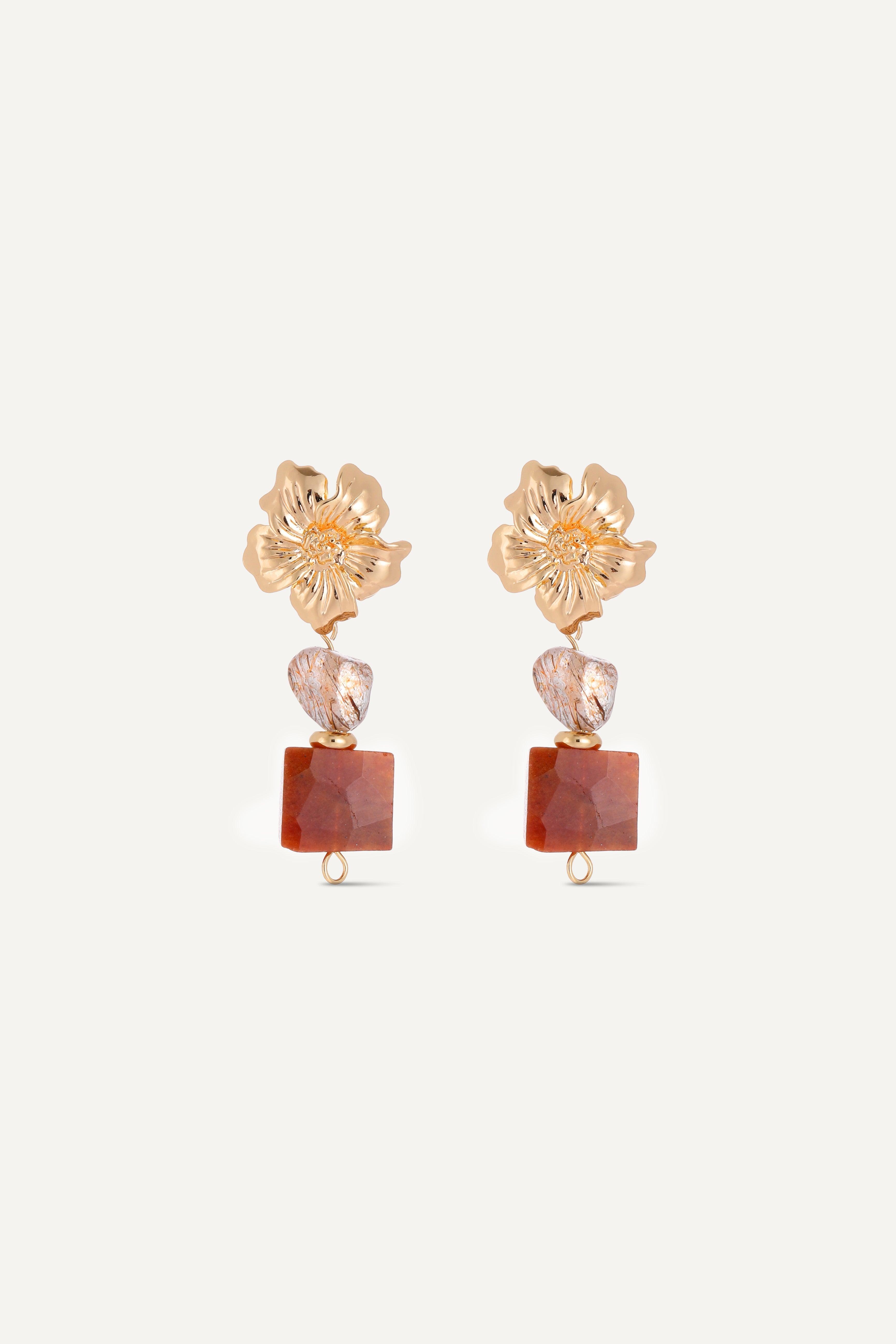 Amber Agate with Rutilated Quartz Earrings - Artsory