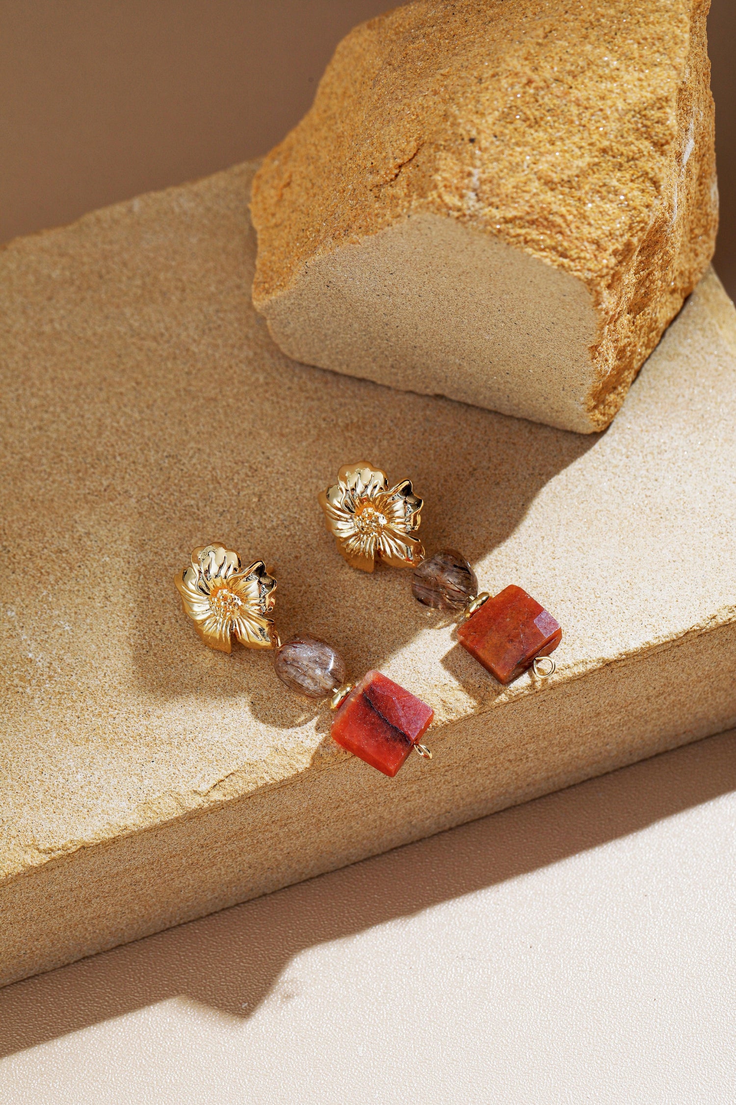 Amber Agate with Rutilated Quartz Earrings - Artsory