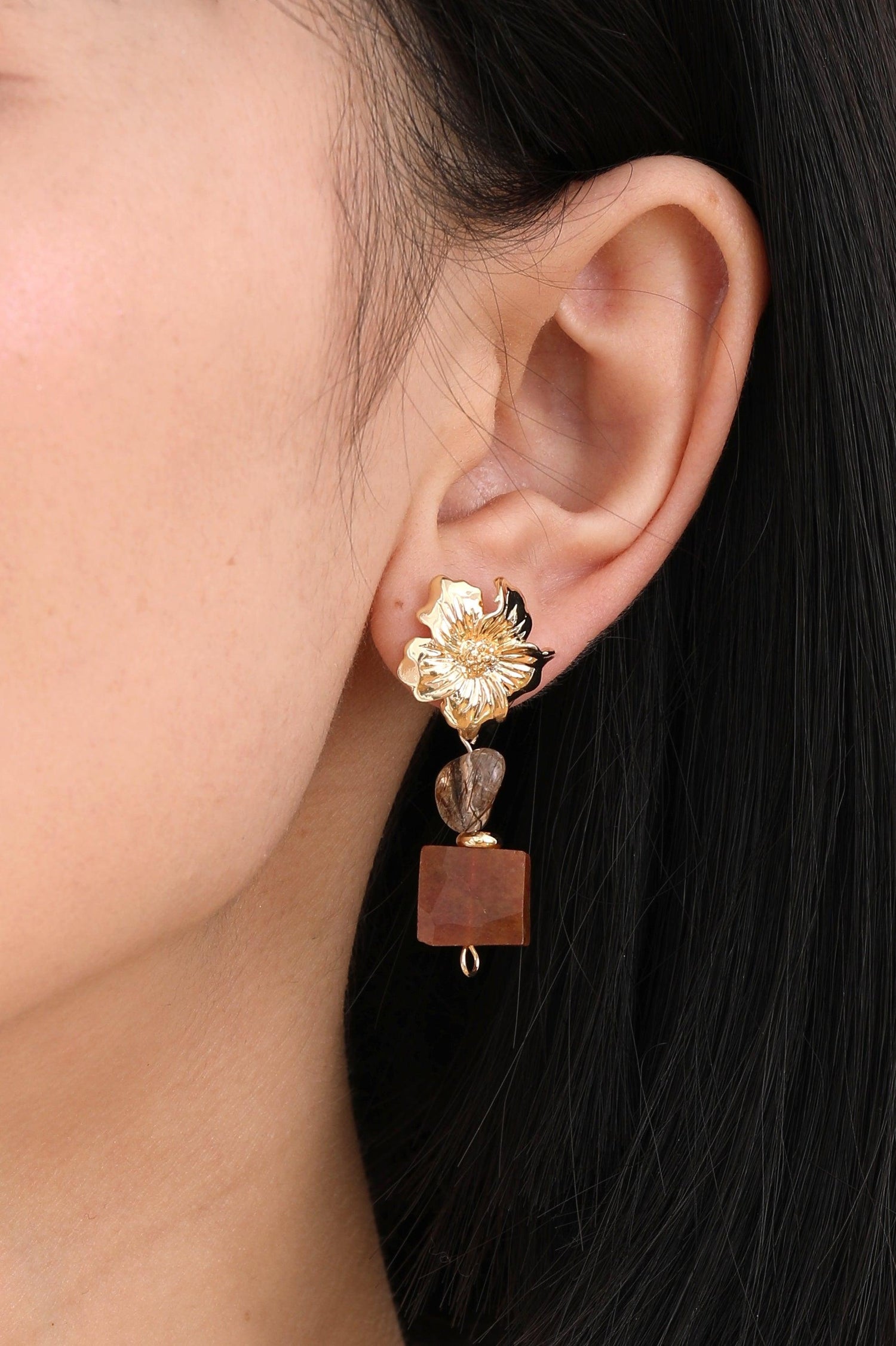 Amber Agate with Rutilated Quartz Earrings - Artsory