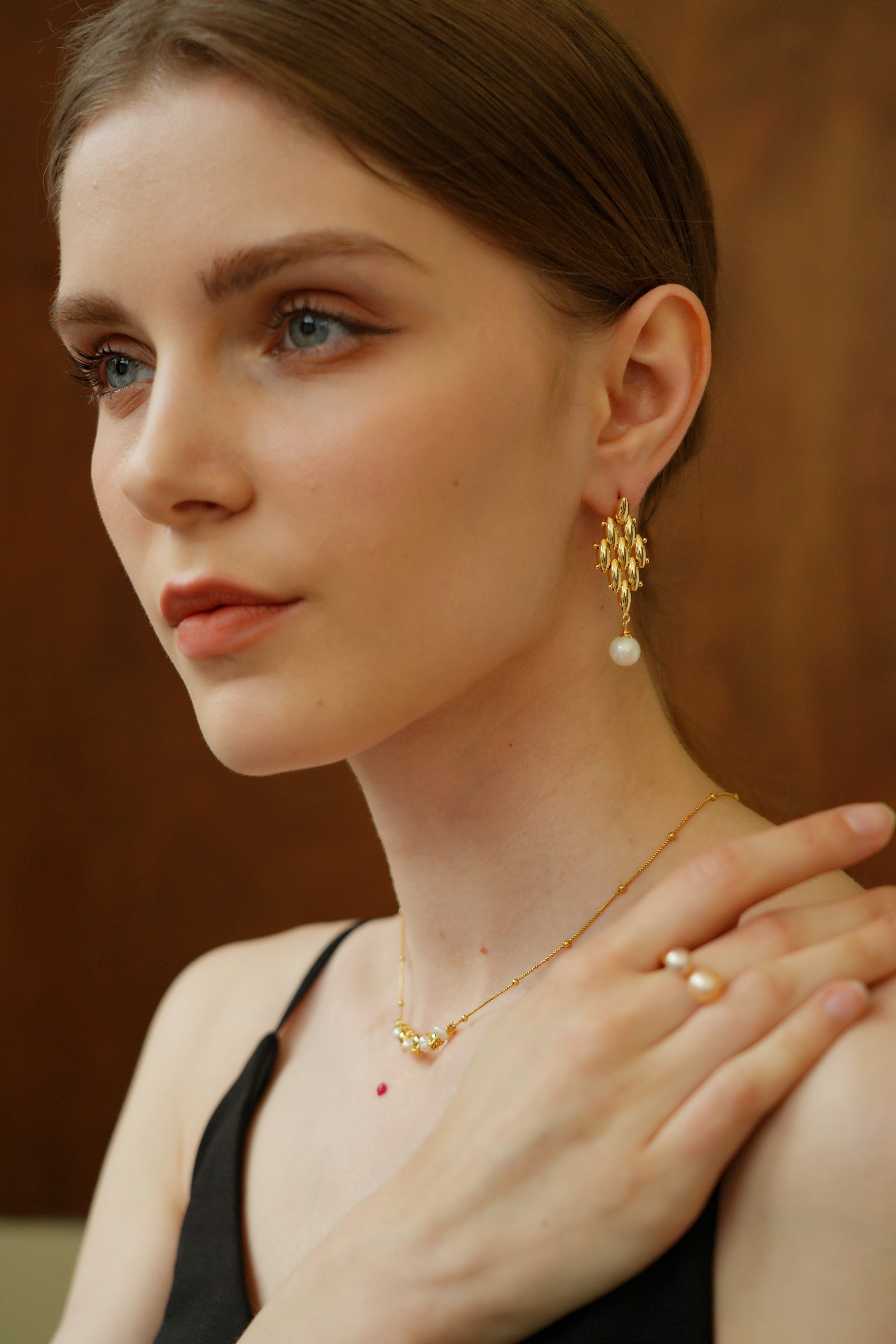 Golden Weave Pearl Drop Earrings