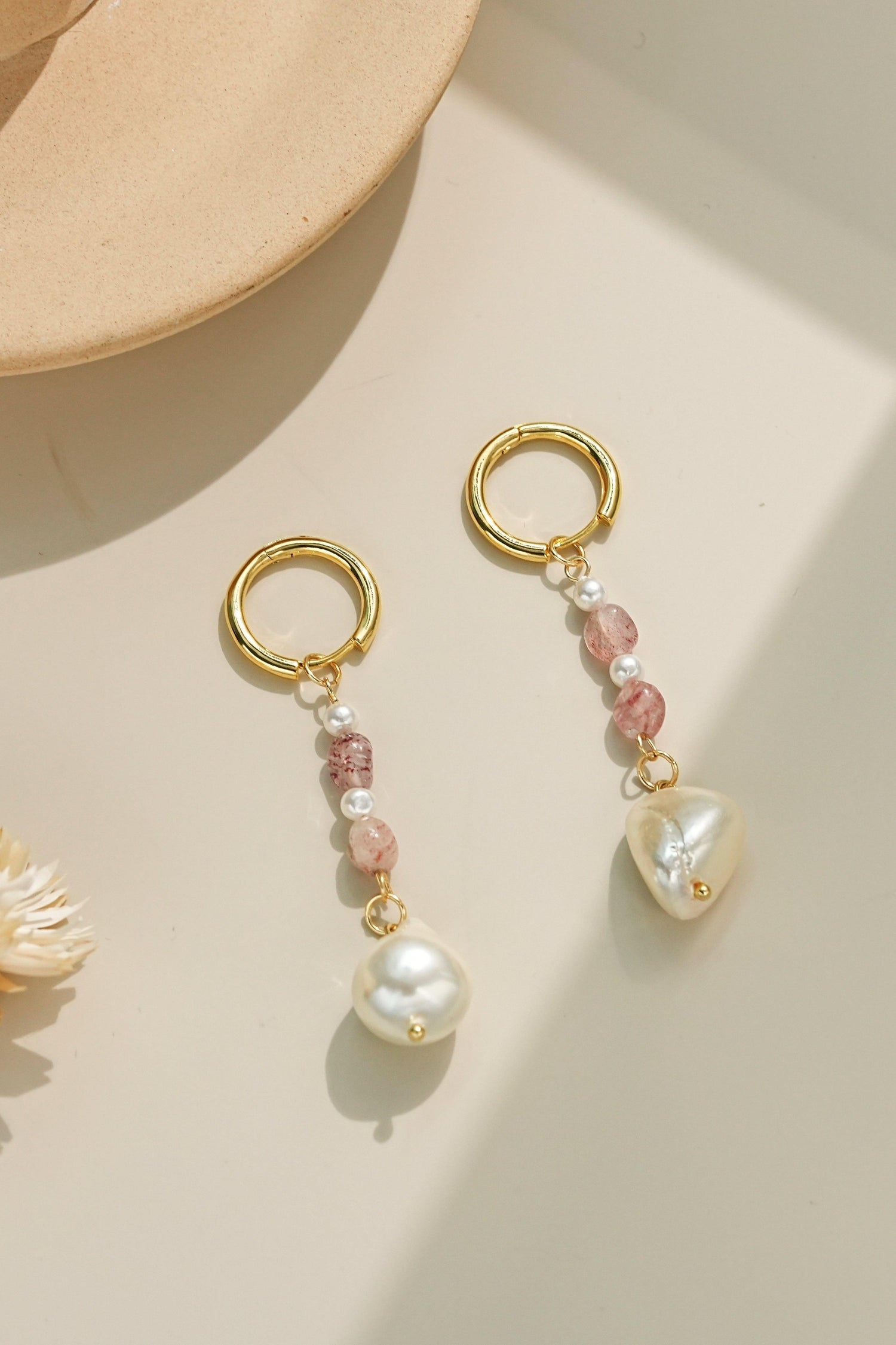 Celestial Blush Strawberry Quartz Pearl Earrings - Artsory